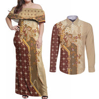 Mughal Empire Motif Unique Couples Matching Off Shoulder Maxi Dress and Long Sleeve Button Shirt
