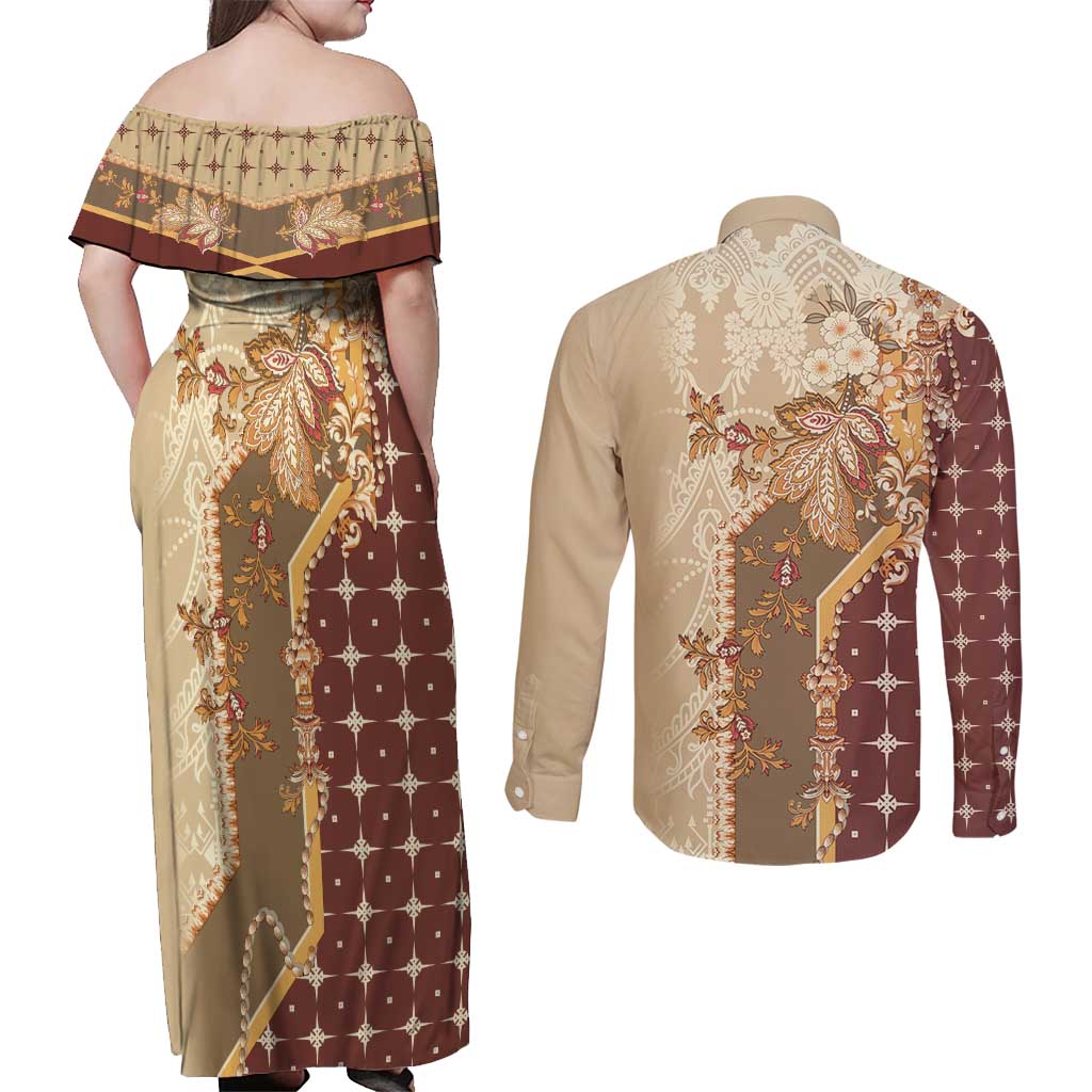 Mughal Empire Motif Unique Couples Matching Off Shoulder Maxi Dress and Long Sleeve Button Shirt
