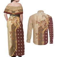 Mughal Empire Motif Unique Couples Matching Off Shoulder Maxi Dress and Long Sleeve Button Shirt