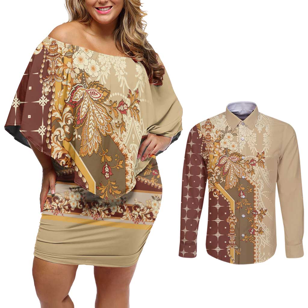 Mughal Empire Motif Unique Couples Matching Off Shoulder Short Dress and Long Sleeve Button Shirt
