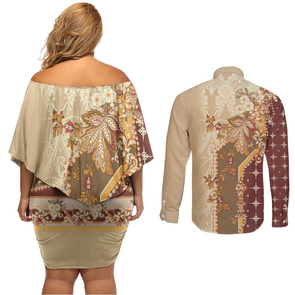 Mughal Empire Motif Unique Couples Matching Off Shoulder Short Dress and Long Sleeve Button Shirt