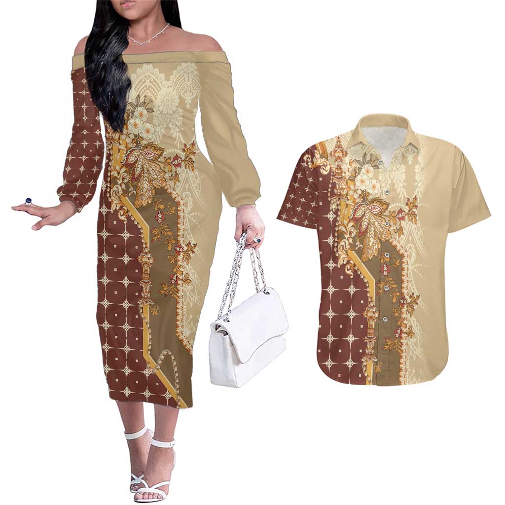 Mughal Empire Motif Unique Couples Matching Off The Shoulder Long Sleeve Dress and Hawaiian Shirt
