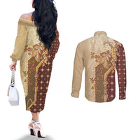 Mughal Empire Motif Unique Couples Matching Off The Shoulder Long Sleeve Dress and Long Sleeve Button Shirt