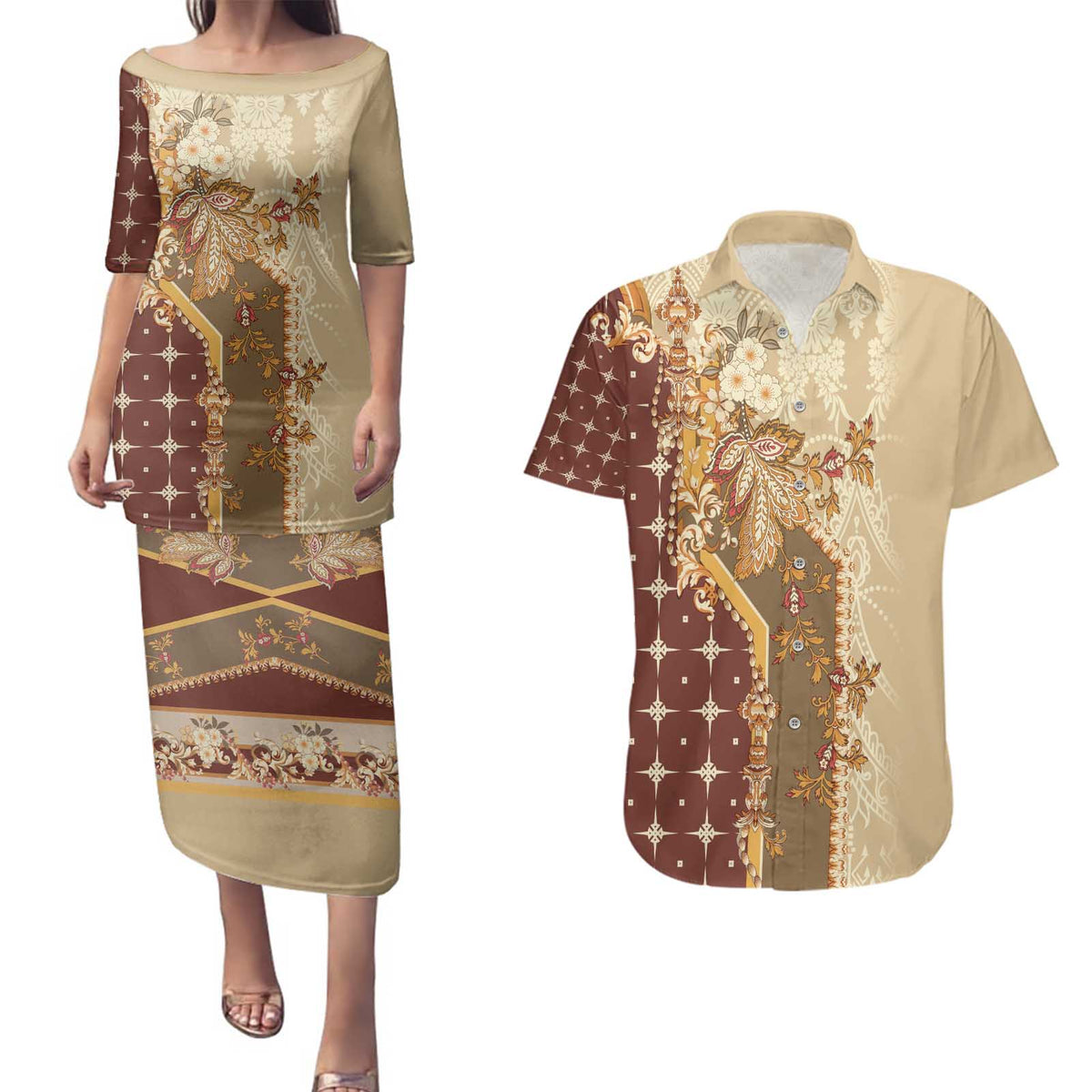 Mughal Empire Motif Unique Couples Matching Puletasi and Hawaiian Shirt