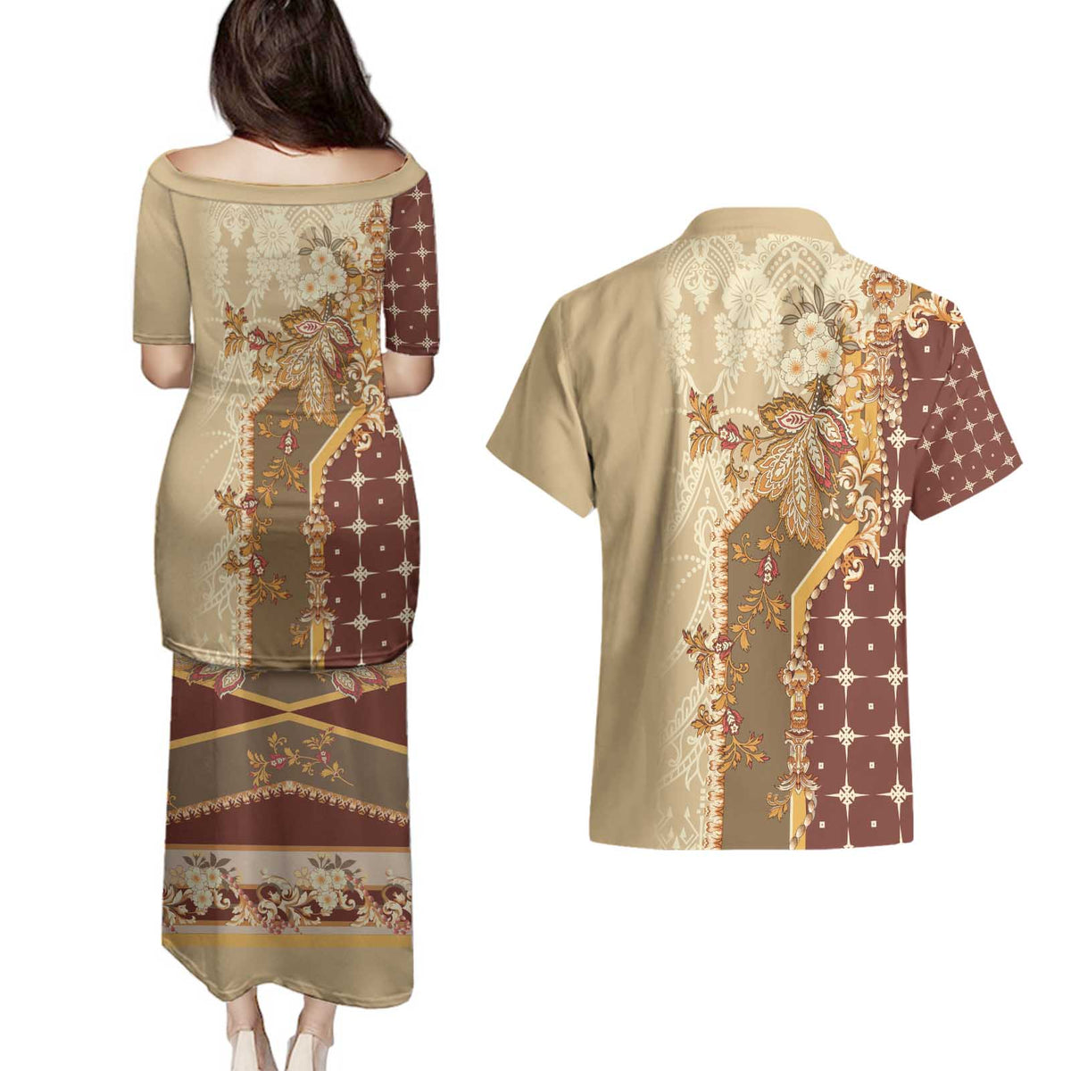 Mughal Empire Motif Unique Couples Matching Puletasi and Hawaiian Shirt