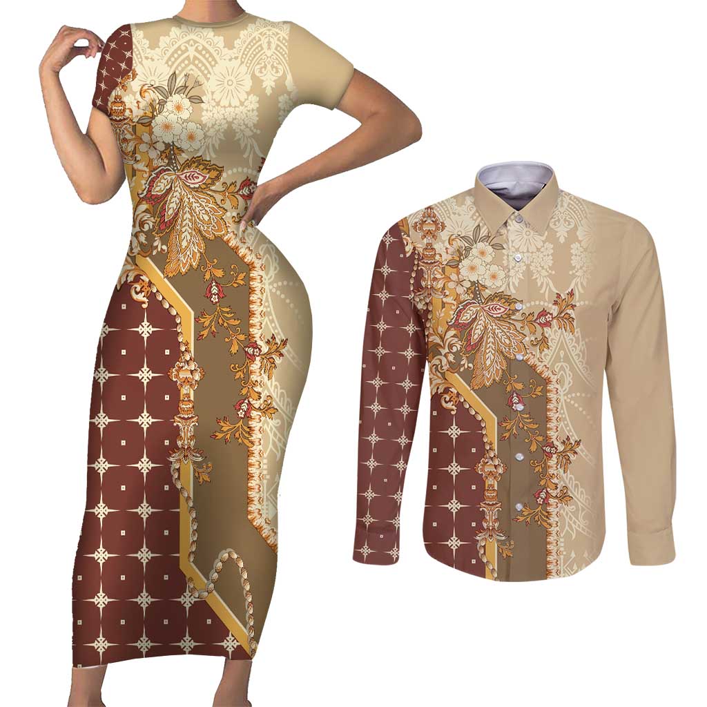 Mughal Empire Motif Unique Couples Matching Short Sleeve Bodycon Dress and Long Sleeve Button Shirt