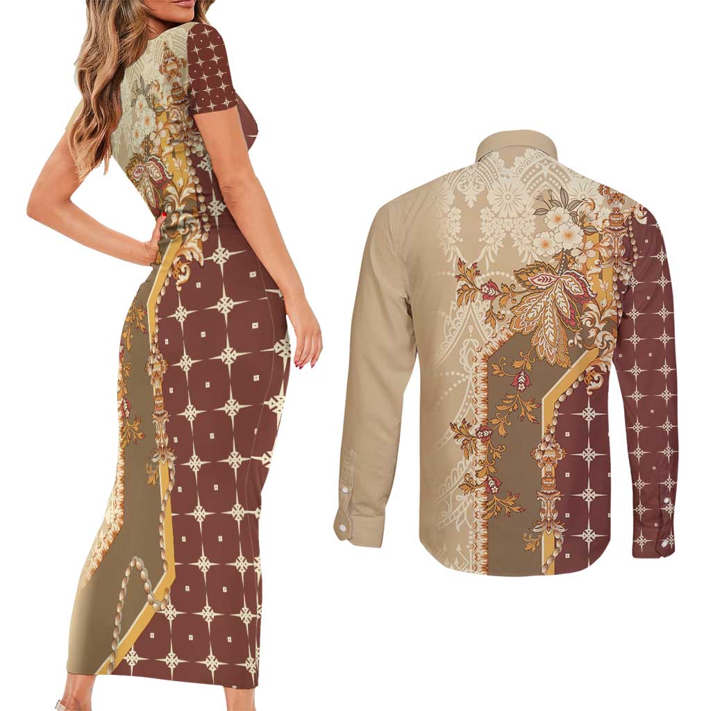 Mughal Empire Motif Unique Couples Matching Short Sleeve Bodycon Dress and Long Sleeve Button Shirt