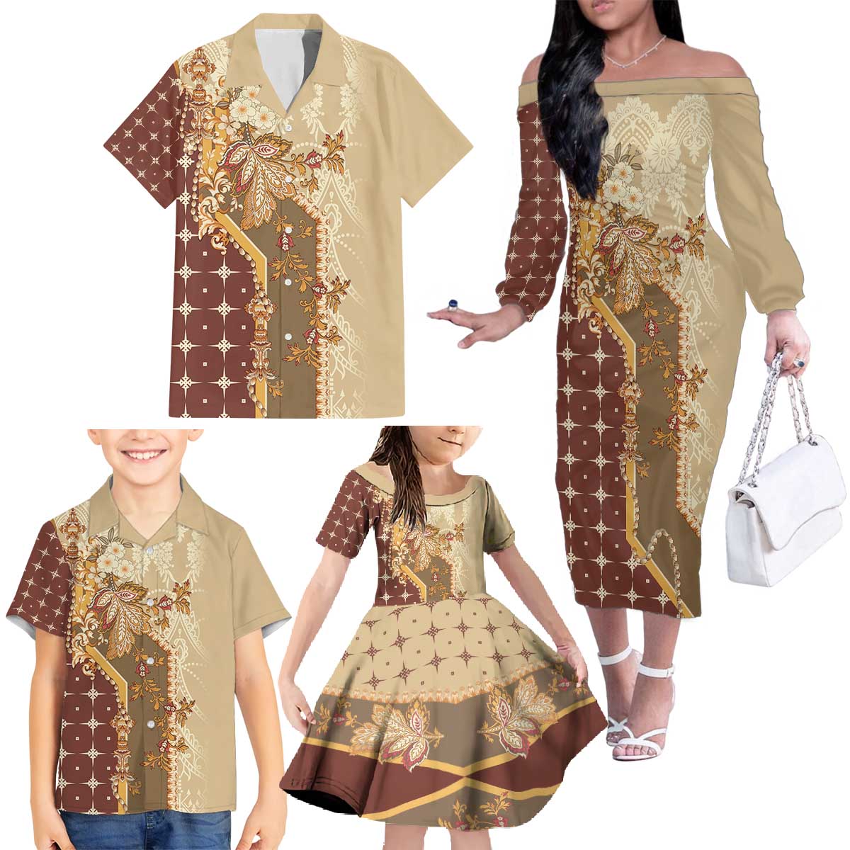 Mughal Empire Motif Unique Family Matching Off The Shoulder Long Sleeve Dress and Hawaiian Shirt