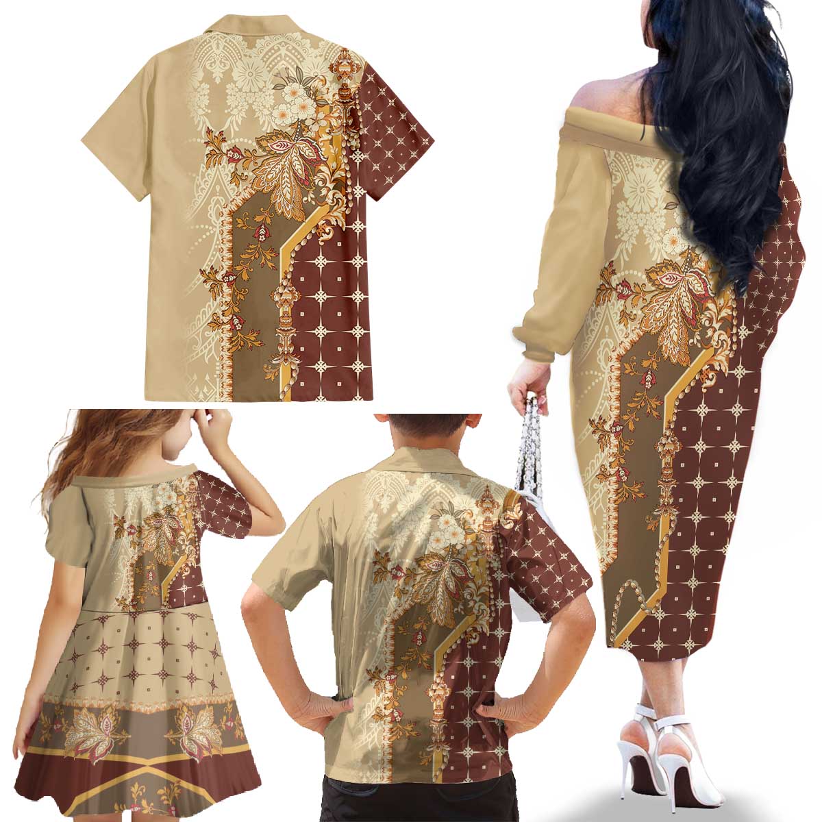 Mughal Empire Motif Unique Family Matching Off The Shoulder Long Sleeve Dress and Hawaiian Shirt