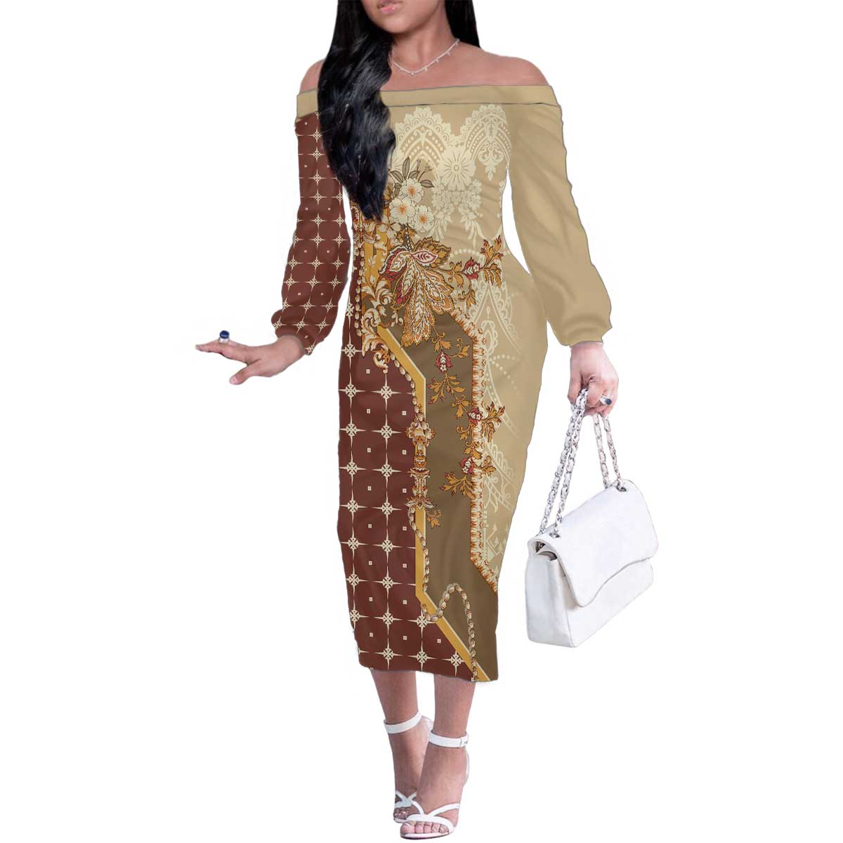 Mughal Empire Motif Unique Family Matching Off The Shoulder Long Sleeve Dress and Hawaiian Shirt