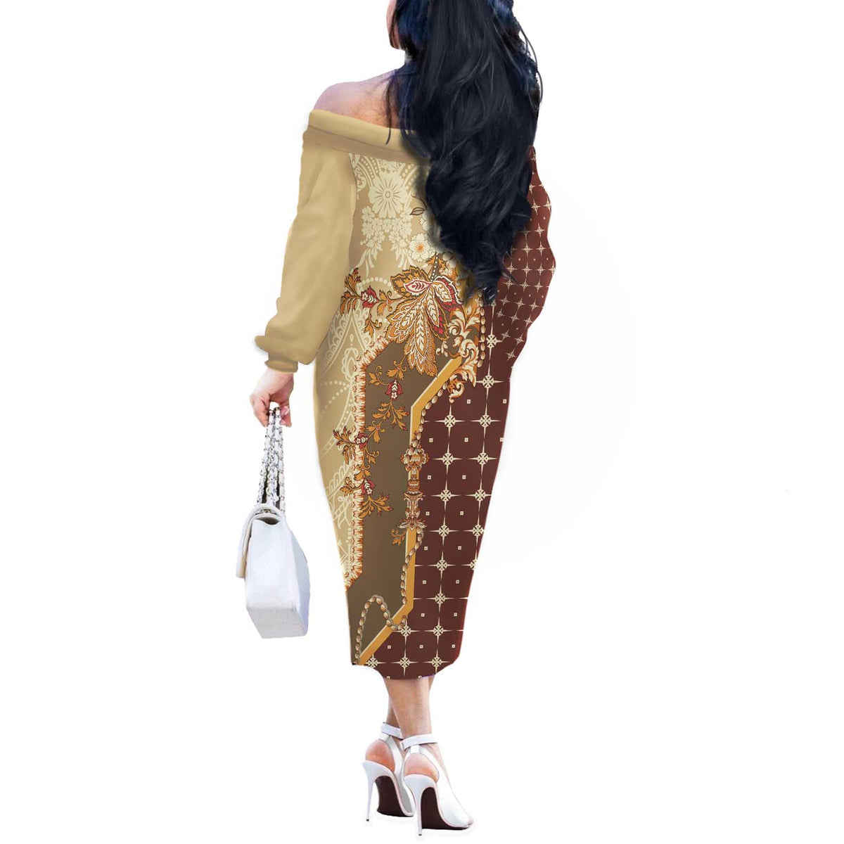 Mughal Empire Motif Unique Off The Shoulder Long Sleeve Dress