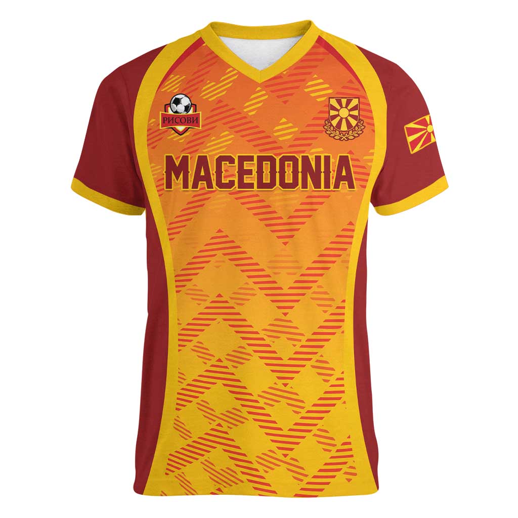 Custom Football 2026 Macedonia Women V-Neck T-Shirt The Red Devils Go Glory