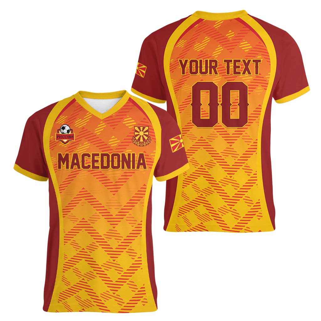 Custom Football 2026 Macedonia Women V-Neck T-Shirt The Red Devils Go Glory