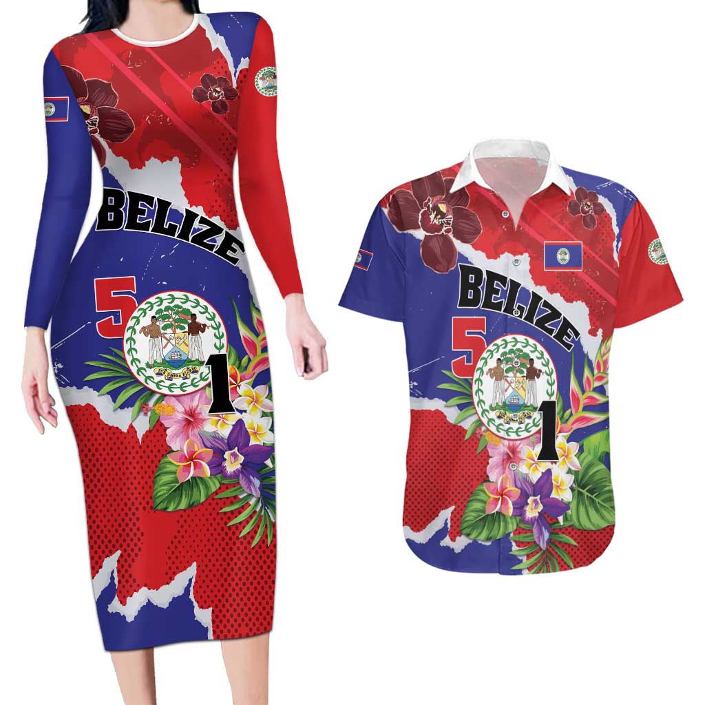 Personalised Belize 501 Tropical Black Orchid Couples Matching Long Sleeve Bodycon Dress and Hawaiian Shirt Grunge Stylized