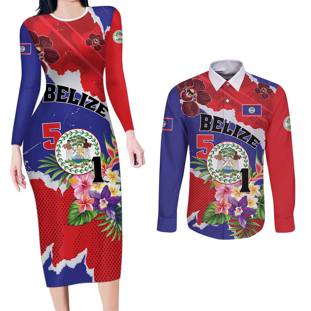 Personalised Belize 501 Tropical Black Orchid Couples Matching Long Sleeve Bodycon Dress and Long Sleeve Button Shirt Grunge Stylized