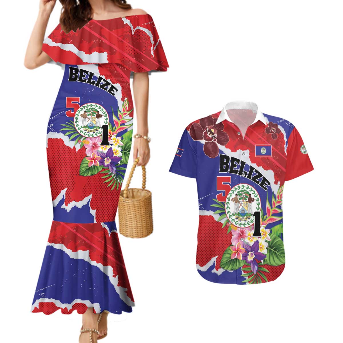 Personalised Belize 501 Tropical Black Orchid Couples Matching Mermaid Dress and Hawaiian Shirt Grunge Stylized