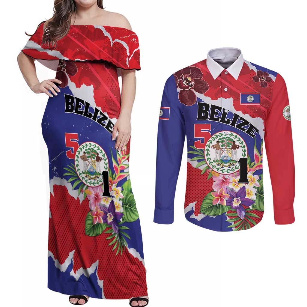 Personalised Belize 501 Tropical Black Orchid Couples Matching Off Shoulder Maxi Dress and Long Sleeve Button Shirt Grunge Stylized