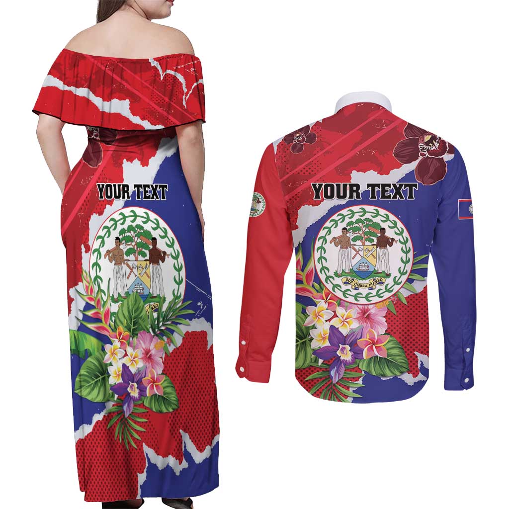 Personalised Belize 501 Tropical Black Orchid Couples Matching Off Shoulder Maxi Dress and Long Sleeve Button Shirt Grunge Stylized