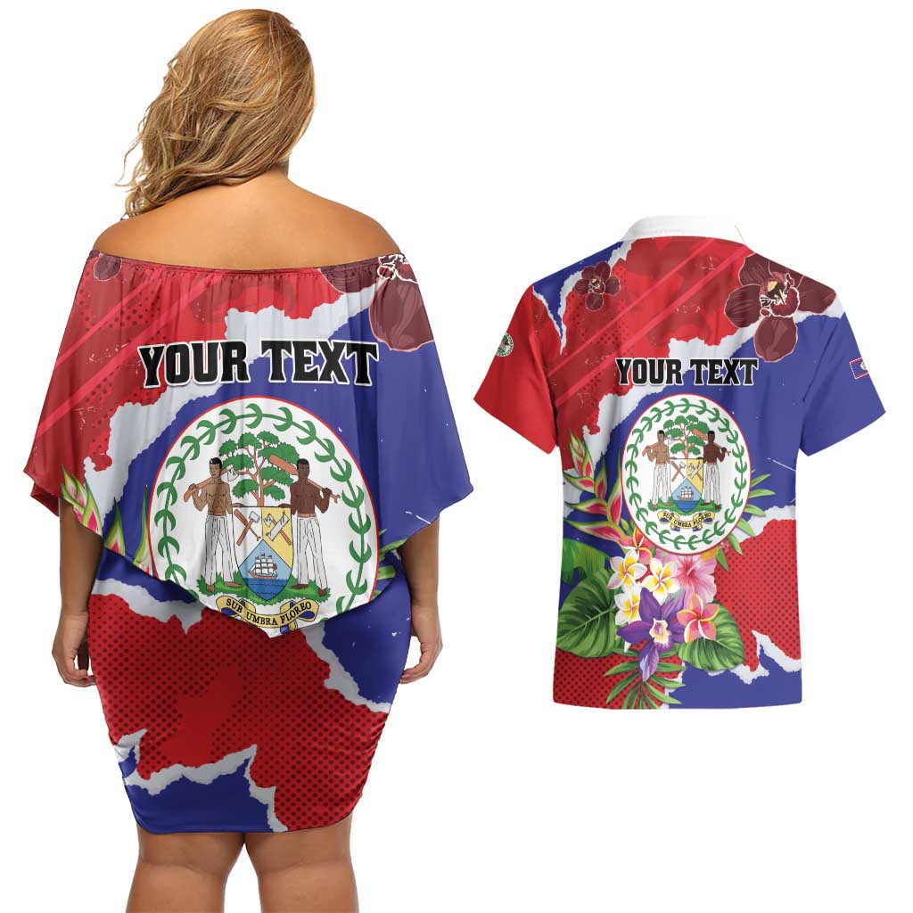 Personalised Belize 501 Tropical Black Orchid Couples Matching Off Shoulder Short Dress and Hawaiian Shirt Grunge Stylized