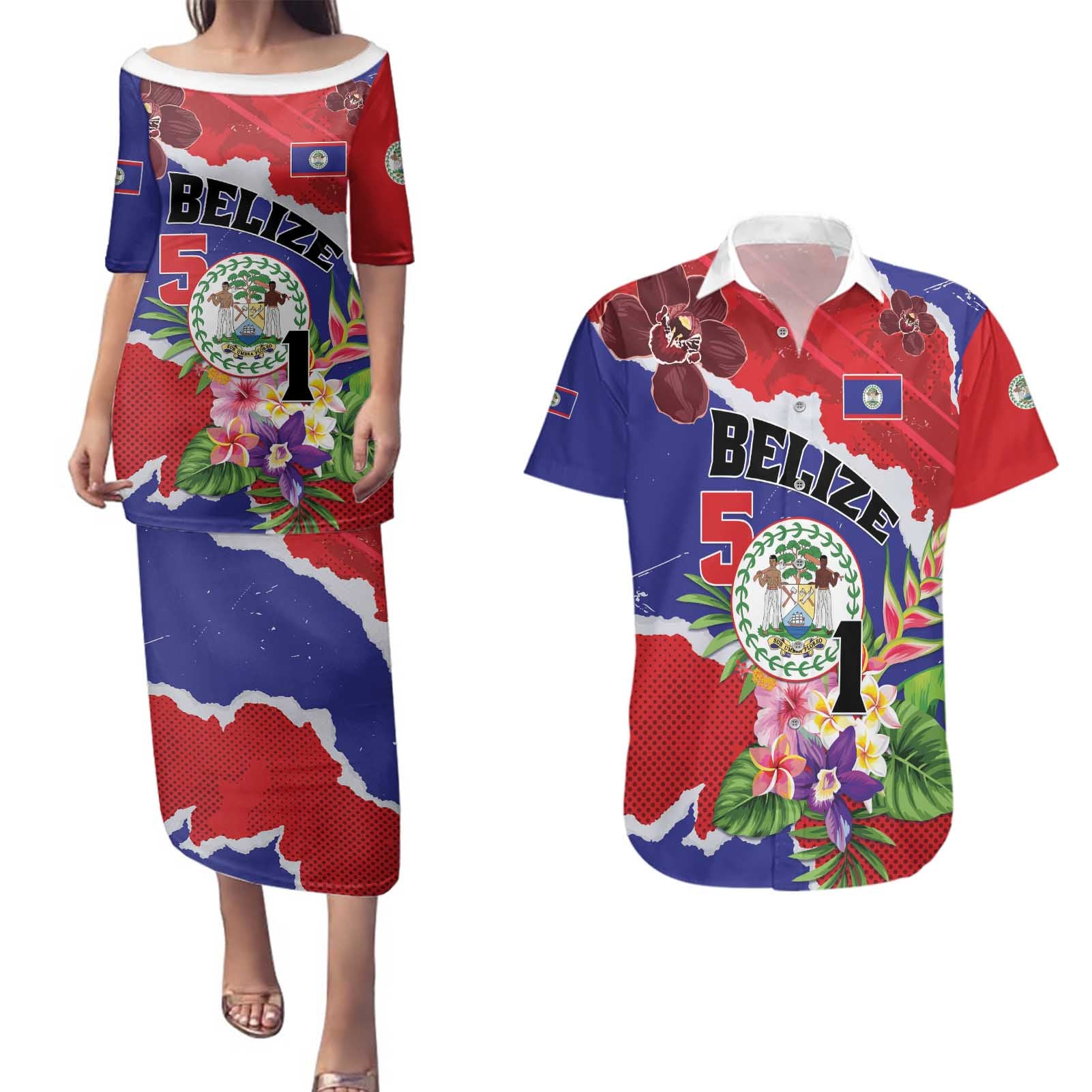 Personalised Belize 501 Tropical Black Orchid Couples Matching Puletasi and Hawaiian Shirt Grunge Stylized