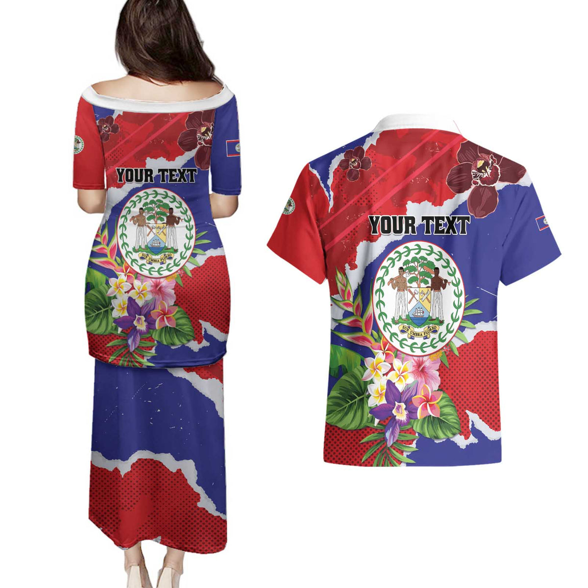 Personalised Belize 501 Tropical Black Orchid Couples Matching Puletasi and Hawaiian Shirt Grunge Stylized