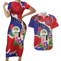 Personalised Belize 501 Tropical Black Orchid Couples Matching Short Sleeve Bodycon Dress and Hawaiian Shirt Grunge Stylized