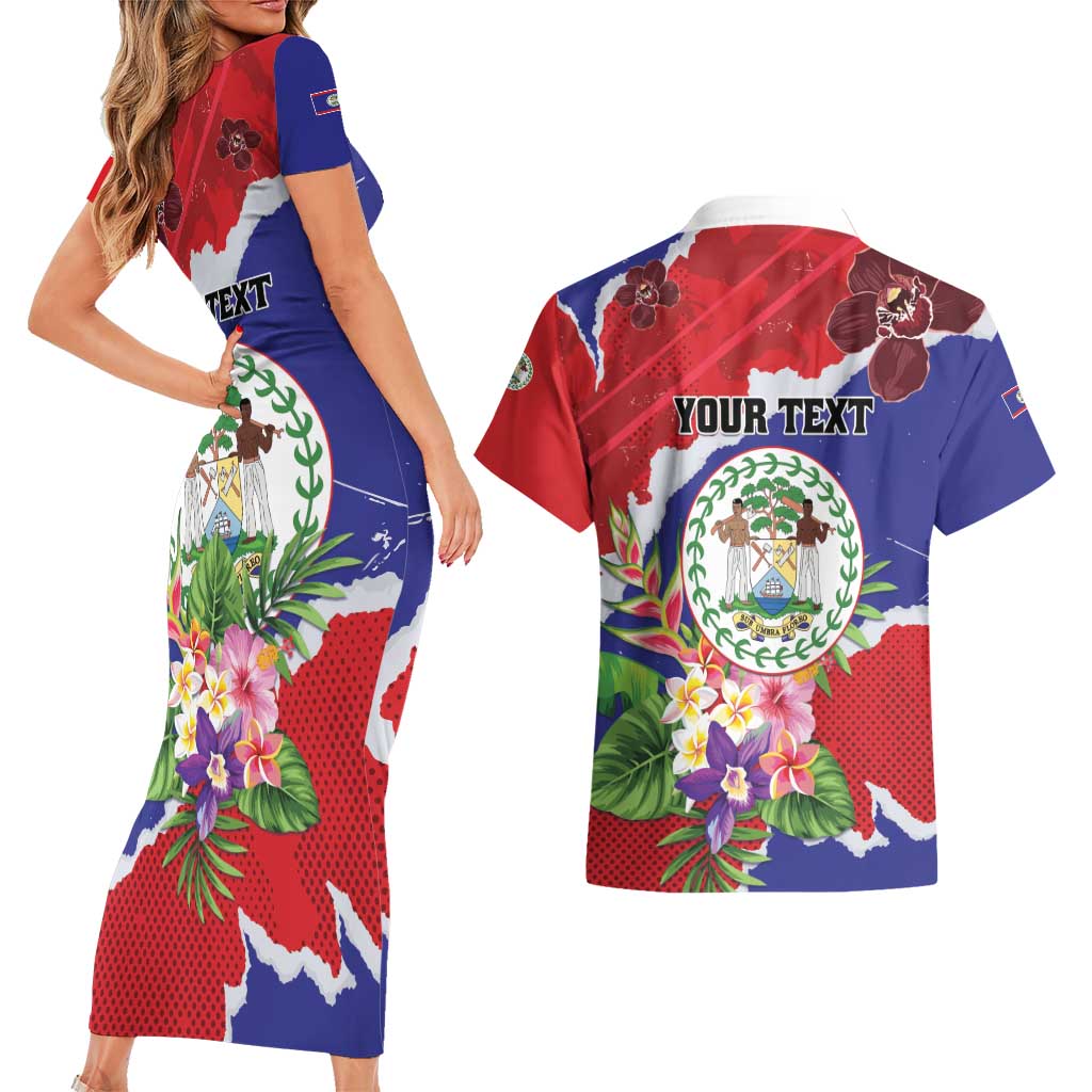 Personalised Belize 501 Tropical Black Orchid Couples Matching Short Sleeve Bodycon Dress and Hawaiian Shirt Grunge Stylized