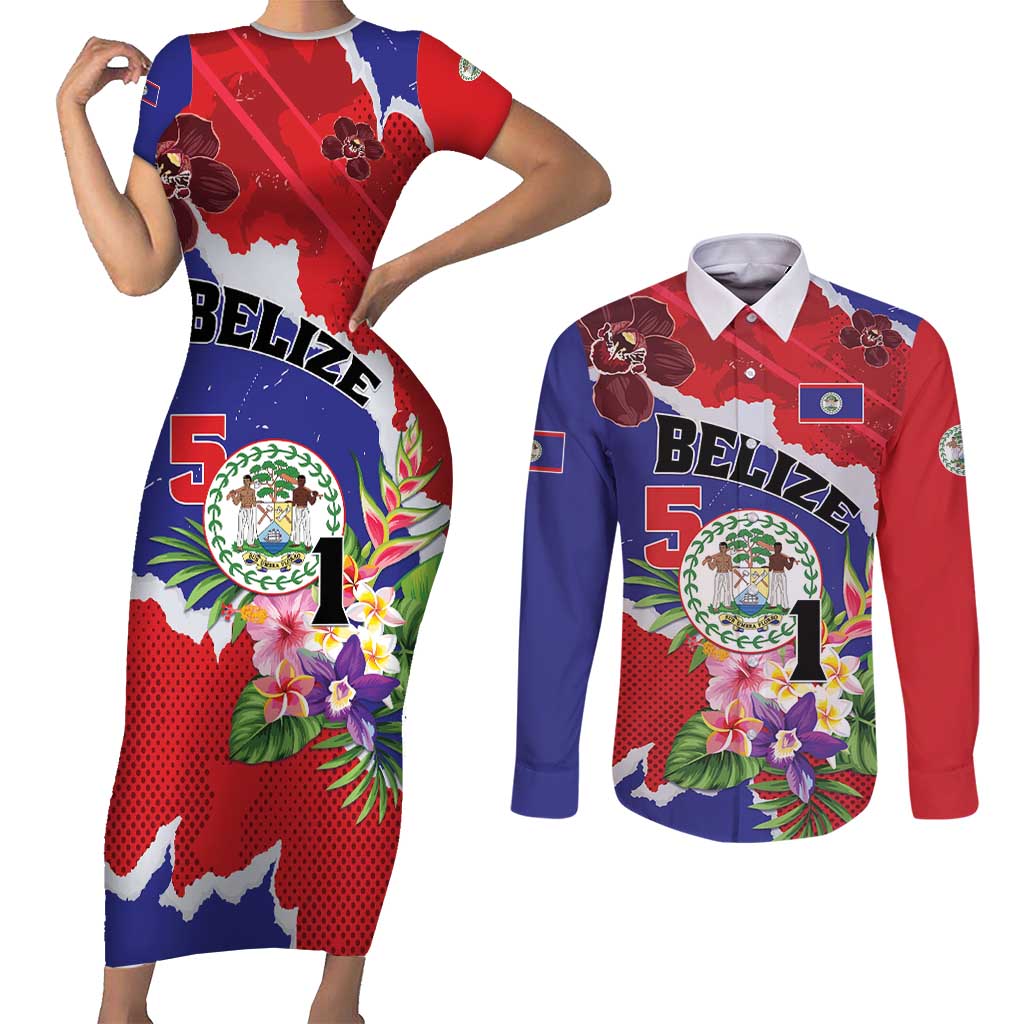 Personalised Belize 501 Tropical Black Orchid Couples Matching Short Sleeve Bodycon Dress and Long Sleeve Button Shirt Grunge Stylized