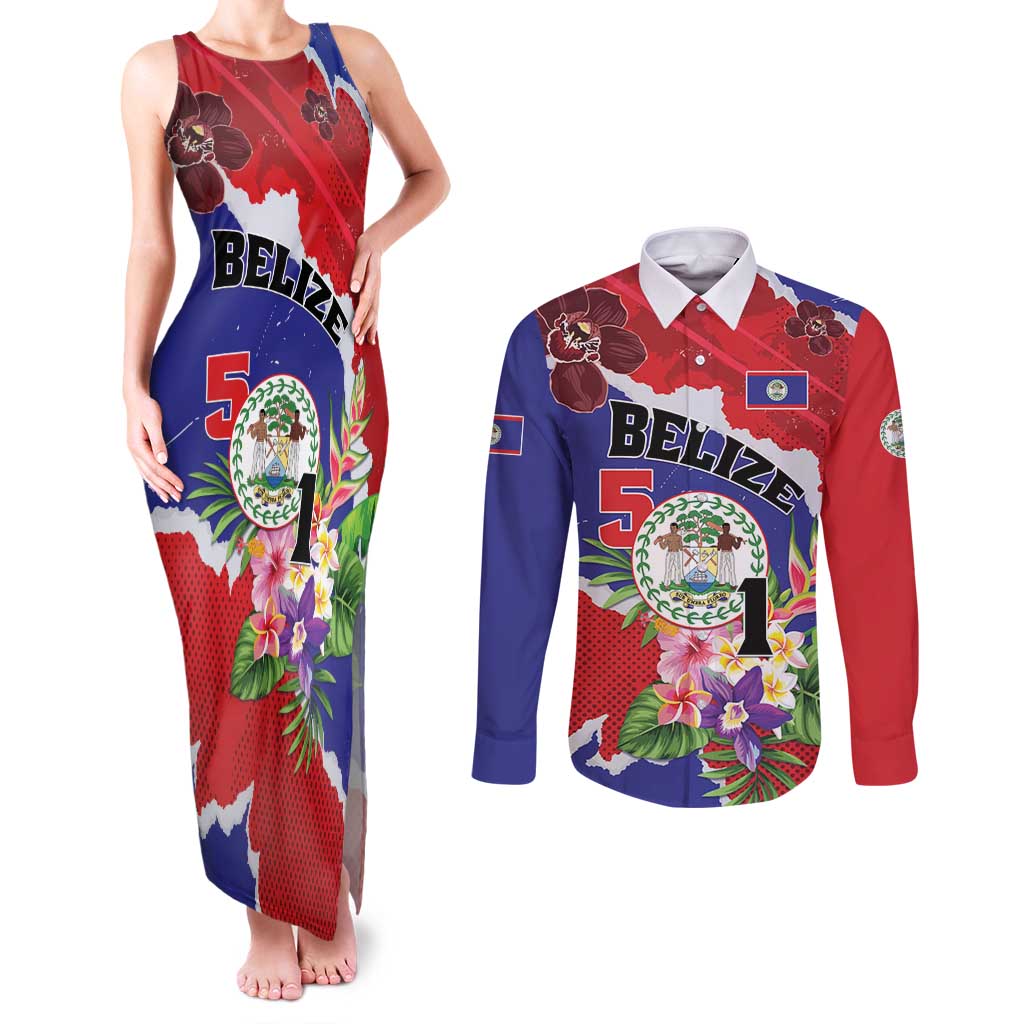 Personalised Belize 501 Tropical Black Orchid Couples Matching Tank Maxi Dress and Long Sleeve Button Shirt Grunge Stylized