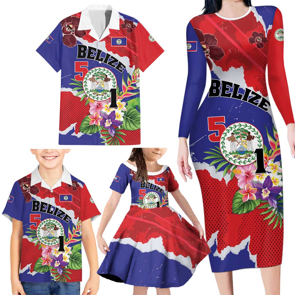 Personalised Belize 501 Tropical Black Orchid Family Matching Long Sleeve Bodycon Dress and Hawaiian Shirt Grunge Stylized