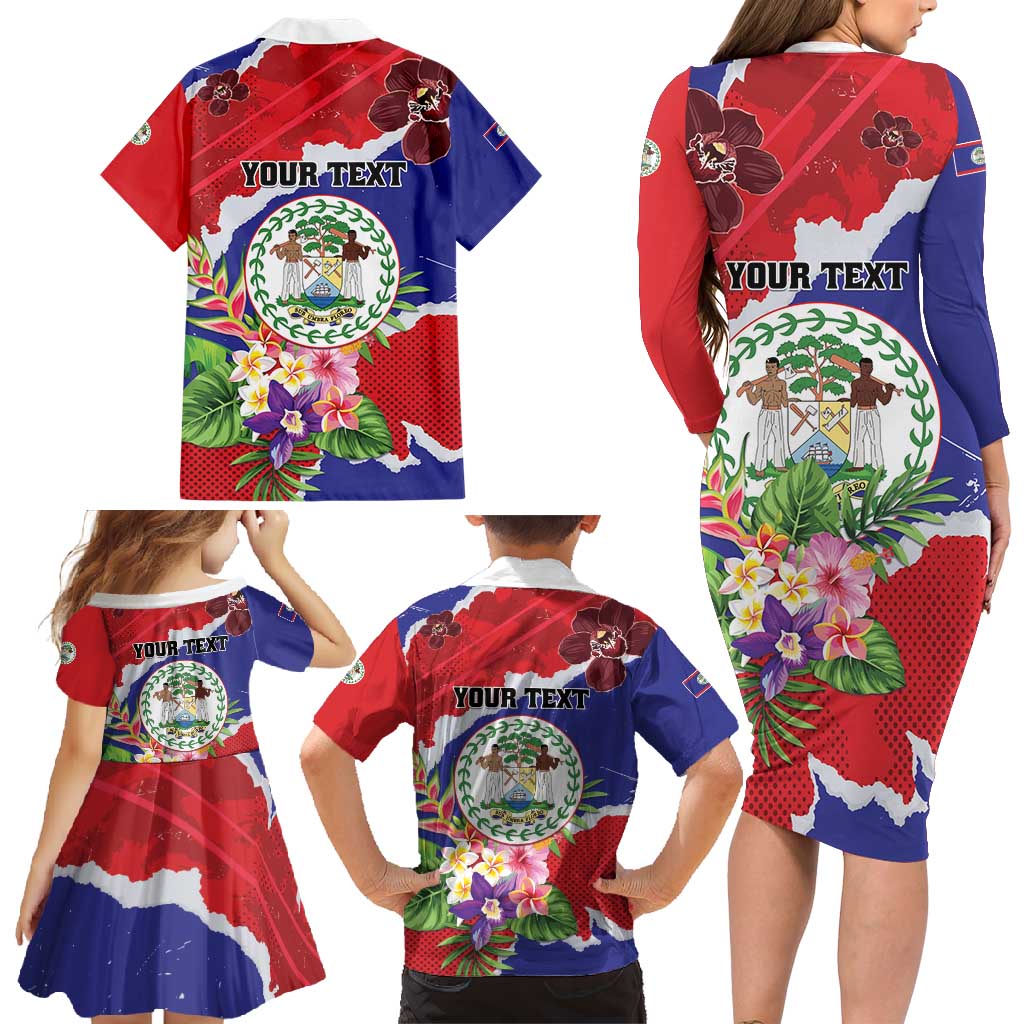 Personalised Belize 501 Tropical Black Orchid Family Matching Long Sleeve Bodycon Dress and Hawaiian Shirt Grunge Stylized