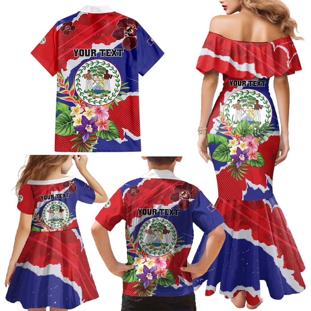 Personalised Belize 501 Tropical Black Orchid Family Matching Mermaid Dress and Hawaiian Shirt Grunge Stylized