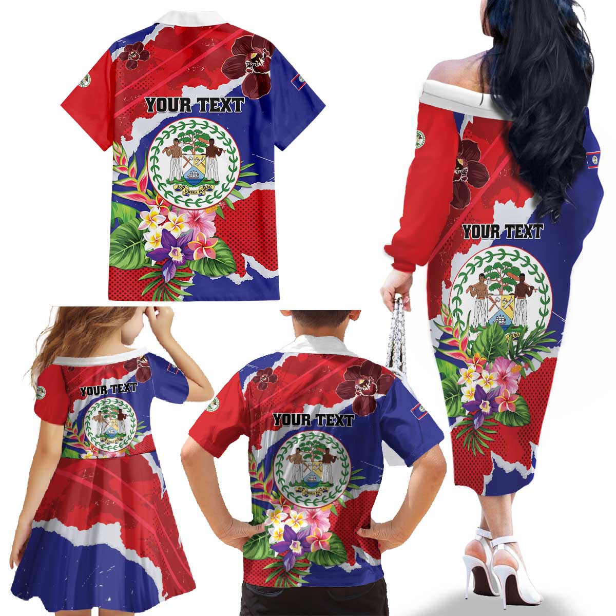 Personalised Belize 501 Tropical Black Orchid Family Matching Off The Shoulder Long Sleeve Dress and Hawaiian Shirt Grunge Stylized