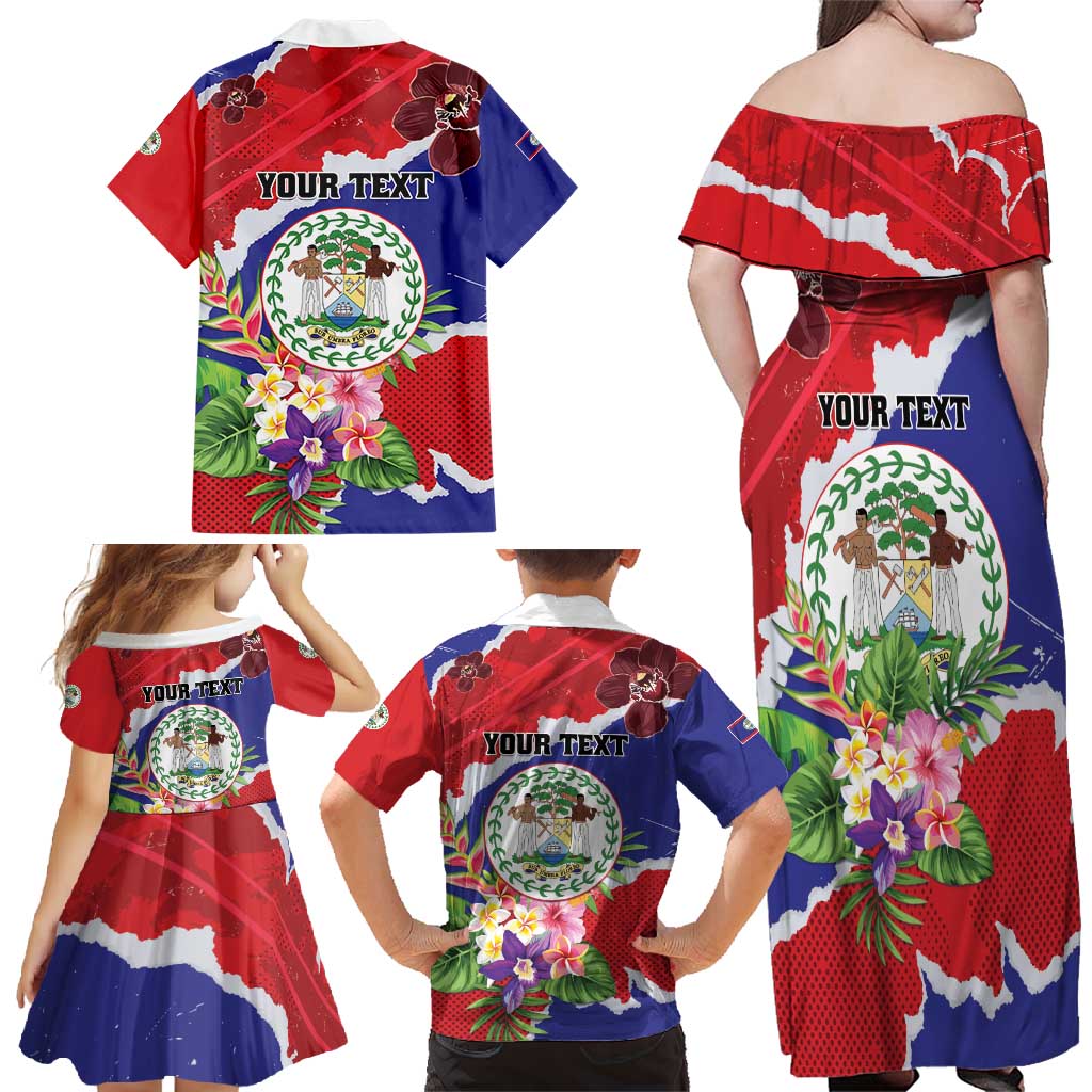 Personalised Belize 501 Tropical Black Orchid Family Matching Off Shoulder Maxi Dress and Hawaiian Shirt Grunge Stylized