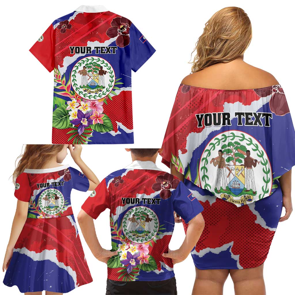 Personalised Belize 501 Tropical Black Orchid Family Matching Off Shoulder Short Dress and Hawaiian Shirt Grunge Stylized