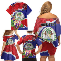 Personalised Belize 501 Tropical Black Orchid Family Matching Off Shoulder Short Dress and Hawaiian Shirt Grunge Stylized