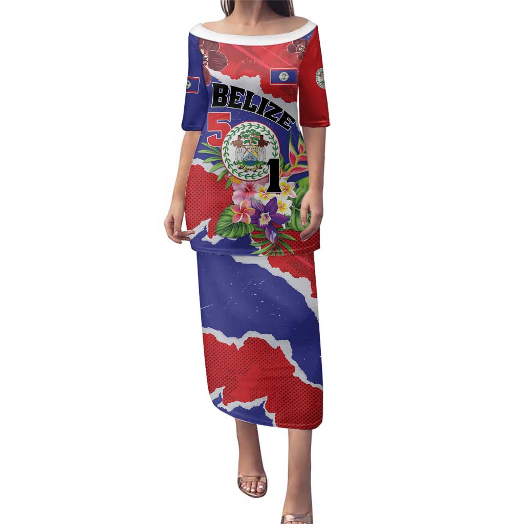 Personalised Belize 501 Tropical Black Orchid Family Matching Puletasi and Hawaiian Shirt Grunge Stylized