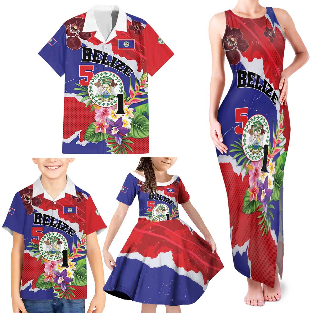 Personalised Belize 501 Tropical Black Orchid Family Matching Tank Maxi Dress and Hawaiian Shirt Grunge Stylized