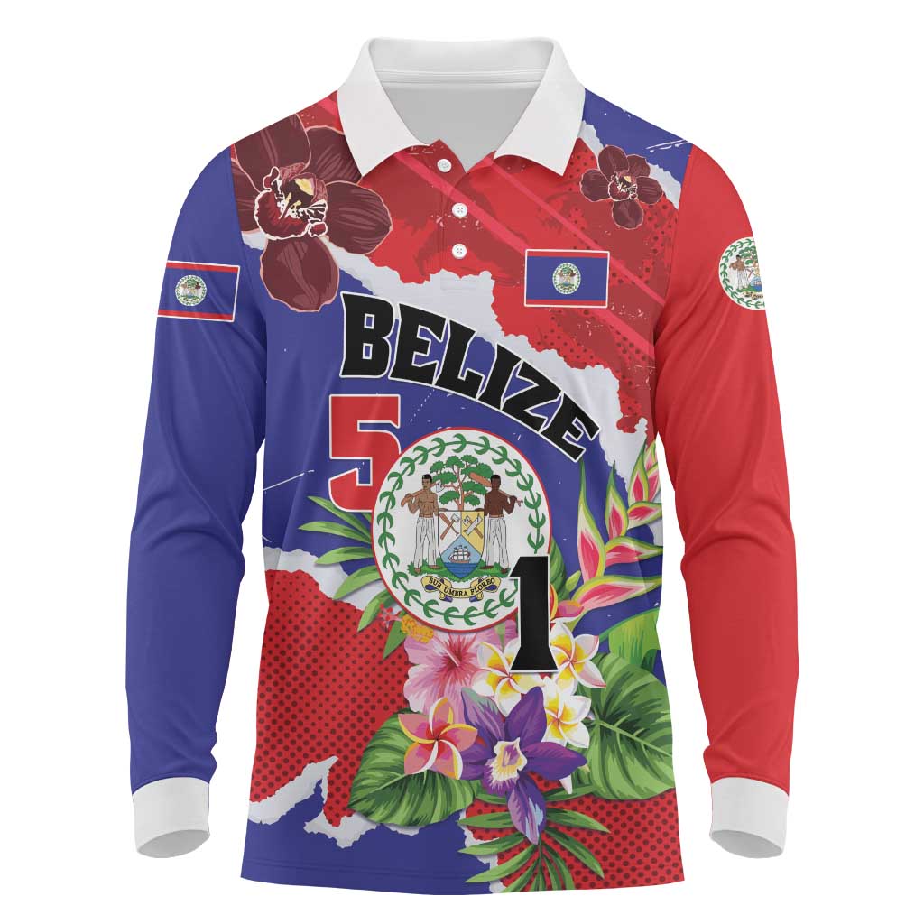 Personalised Belize 501 Tropical Black Orchid Long Sleeve Polo Shirt Grunge Stylized