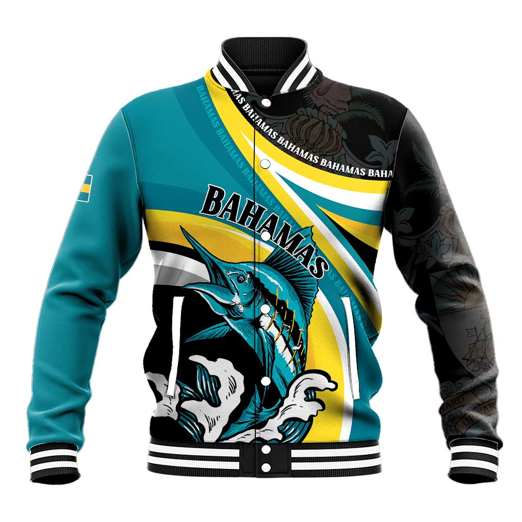 Personalised The Bahamas Blue Marlin Baseball Jacket Bahamian Coat Of Arms