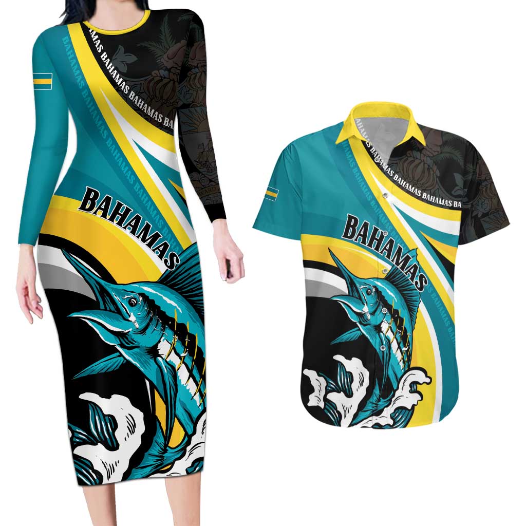 Personalised The Bahamas Blue Marlin Couples Matching Long Sleeve Bodycon Dress and Hawaiian Shirt Bahamian Coat Of Arms
