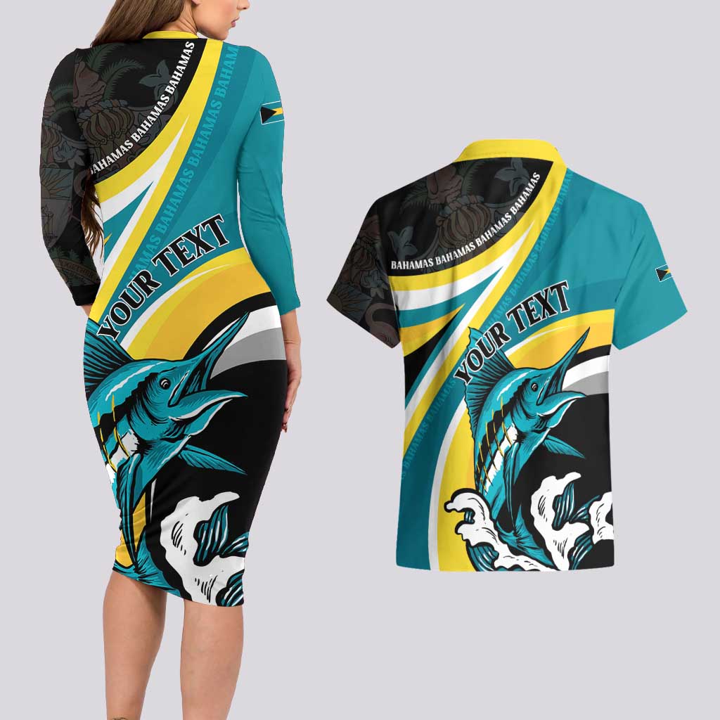 Personalised The Bahamas Blue Marlin Couples Matching Long Sleeve Bodycon Dress and Hawaiian Shirt Bahamian Coat Of Arms