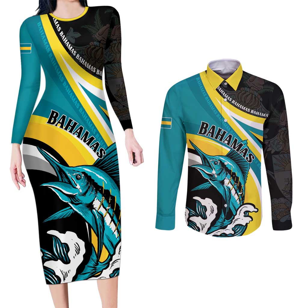 Personalised The Bahamas Blue Marlin Couples Matching Long Sleeve Bodycon Dress and Long Sleeve Button Shirt Bahamian Coat Of Arms