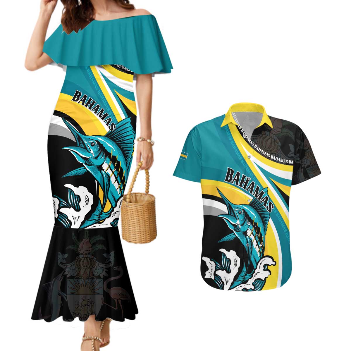 Personalised The Bahamas Blue Marlin Couples Matching Mermaid Dress and Hawaiian Shirt Bahamian Coat Of Arms