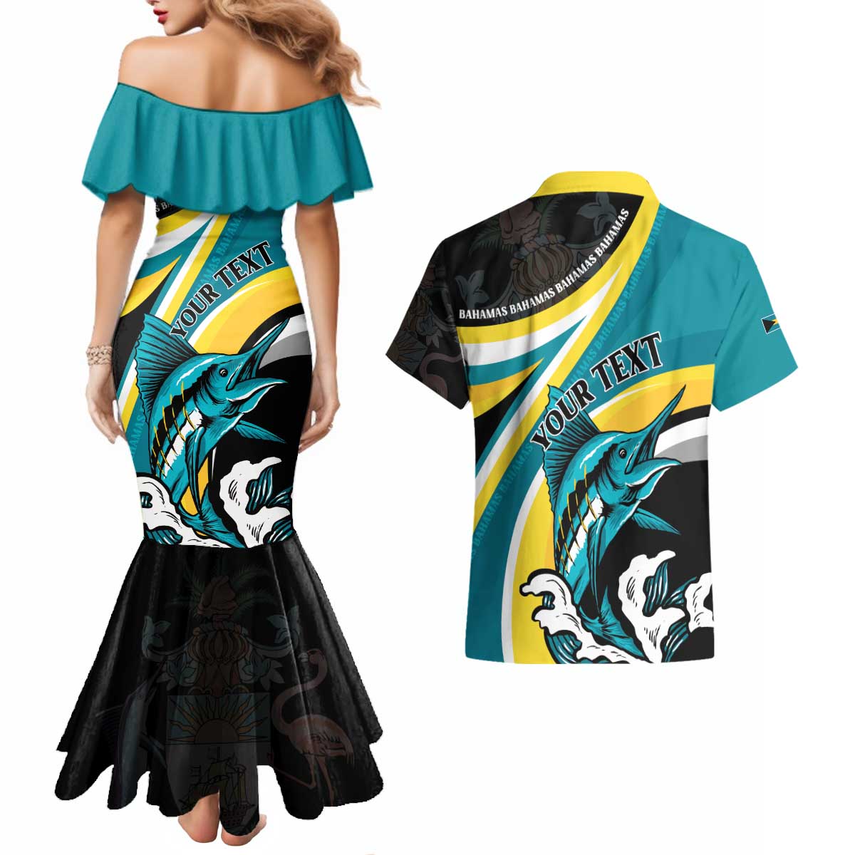 Personalised The Bahamas Blue Marlin Couples Matching Mermaid Dress and Hawaiian Shirt Bahamian Coat Of Arms