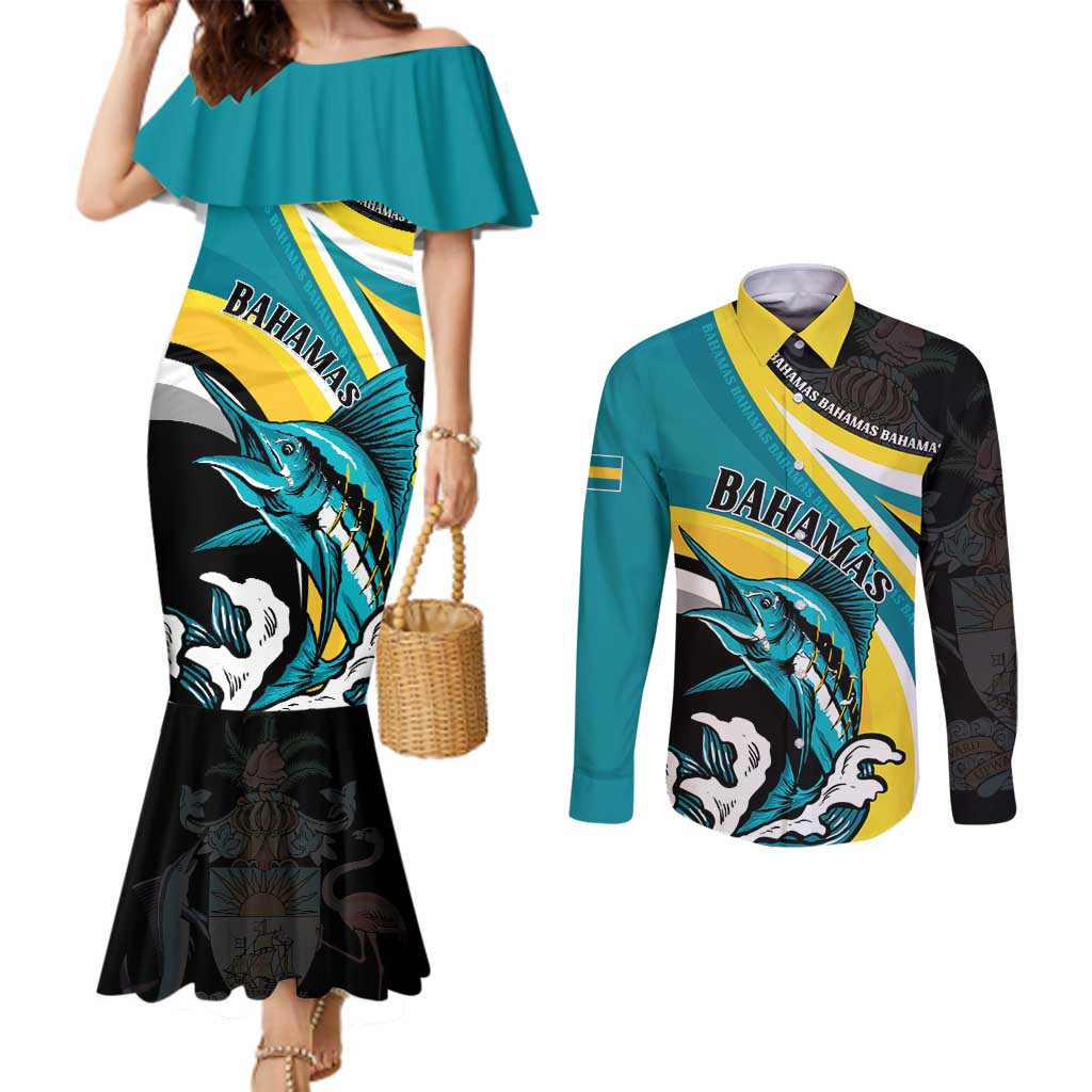 Personalised The Bahamas Blue Marlin Couples Matching Mermaid Dress and Long Sleeve Button Shirt Bahamian Coat Of Arms