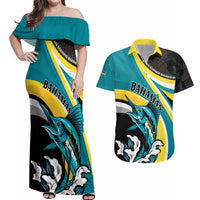 Personalised The Bahamas Blue Marlin Couples Matching Off Shoulder Maxi Dress and Hawaiian Shirt Bahamian Coat Of Arms