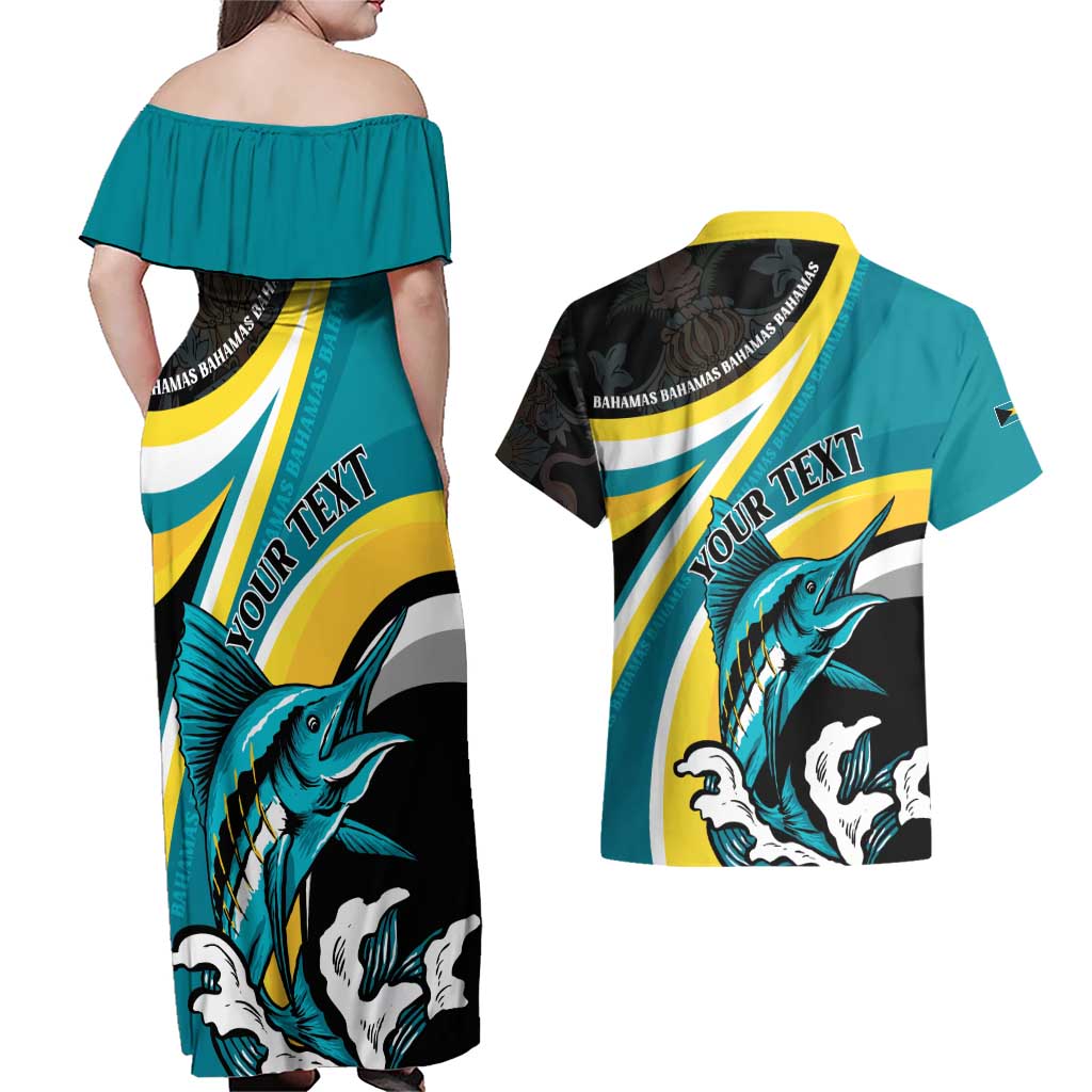 Personalised The Bahamas Blue Marlin Couples Matching Off Shoulder Maxi Dress and Hawaiian Shirt Bahamian Coat Of Arms