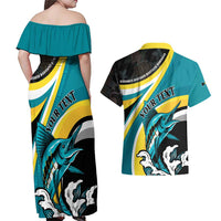 Personalised The Bahamas Blue Marlin Couples Matching Off Shoulder Maxi Dress and Hawaiian Shirt Bahamian Coat Of Arms