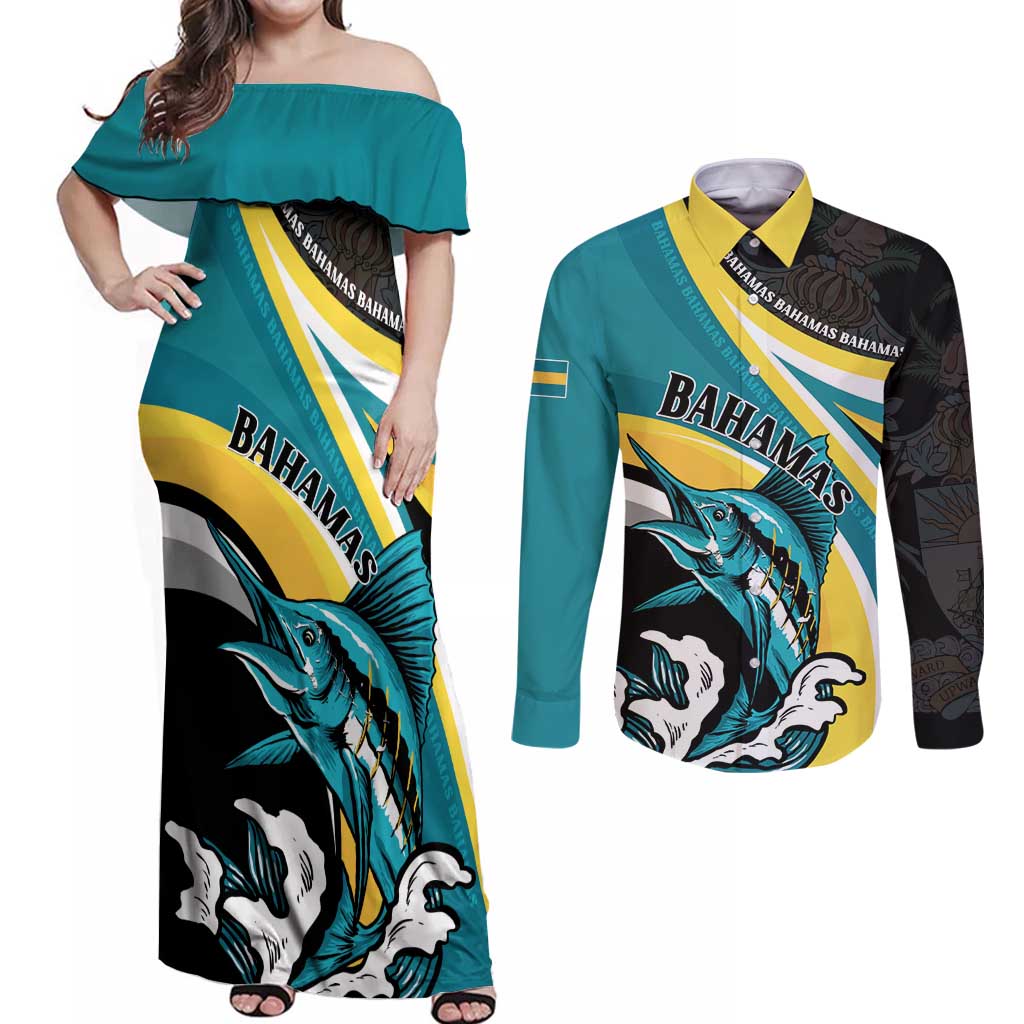 Personalised The Bahamas Blue Marlin Couples Matching Off Shoulder Maxi Dress and Long Sleeve Button Shirt Bahamian Coat Of Arms